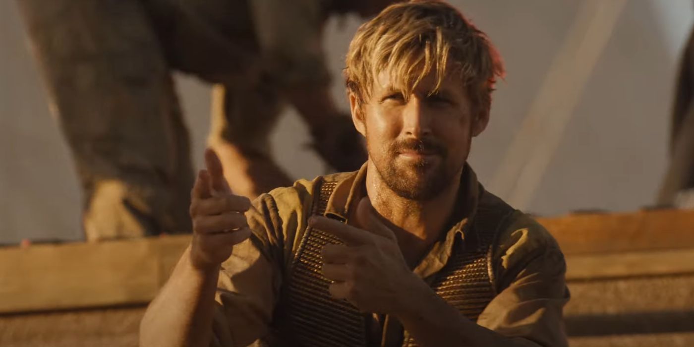 Ryan Gosling as Colt Seavers, pointing at a person offscreen, in The Fall Guy