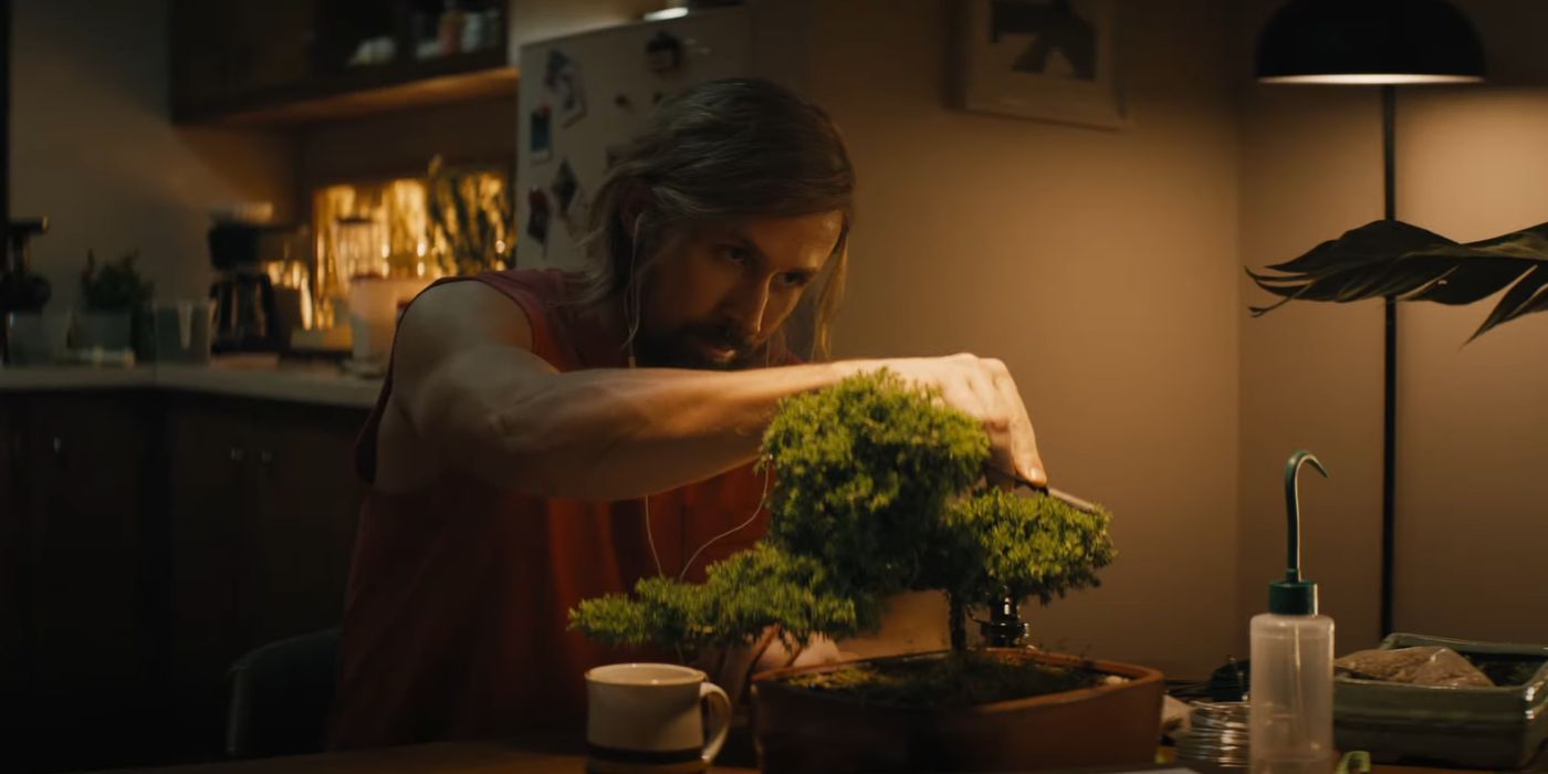 Ryan Gosling as Colt Seavers tending to his Bonsai Tree in The Fall Guy