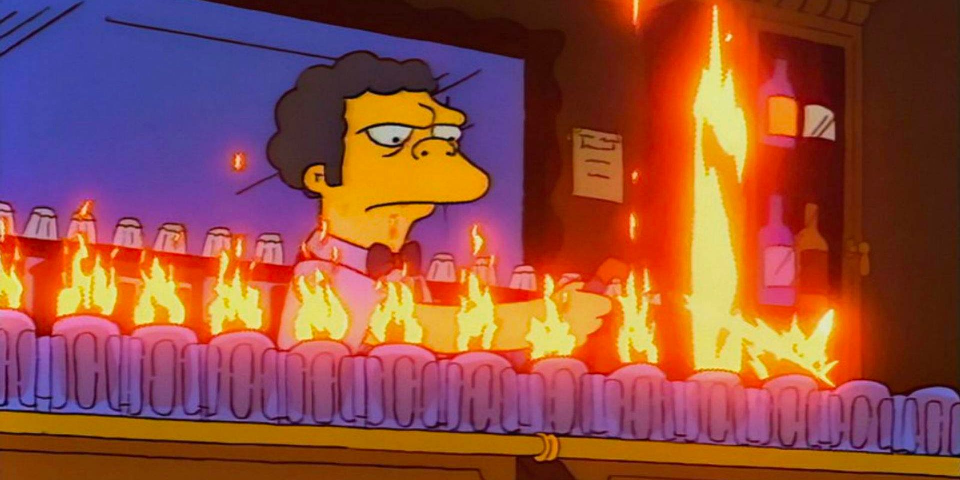 Moe pours a whole round of fiery drinks in his tavern in 'The Simpsons'