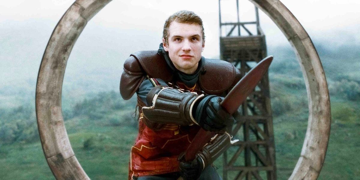 Cormac McLaggen (Freddie Stroma) defends the rings for Gryffindor in a game of Quidditch.