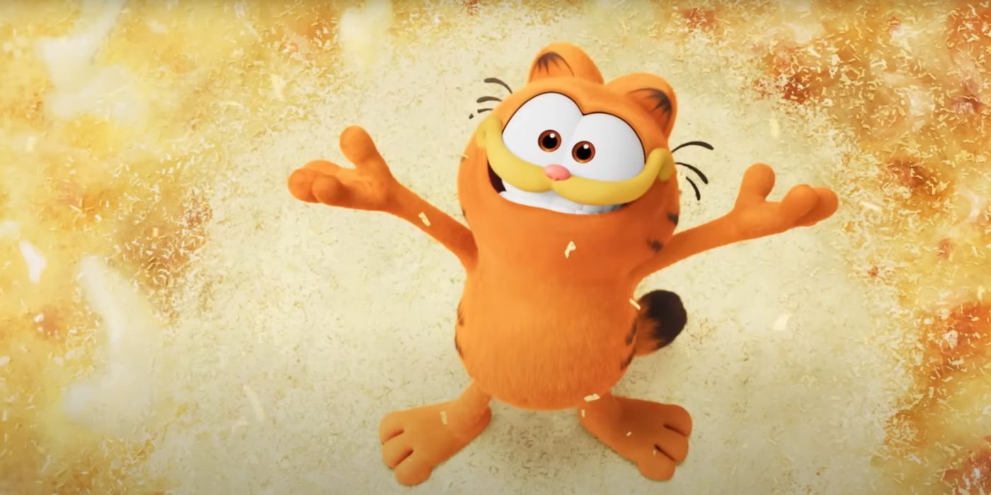 Garfield (Chris Pratt) standing on top of a giant piece of lasagna in The Garfield Movie