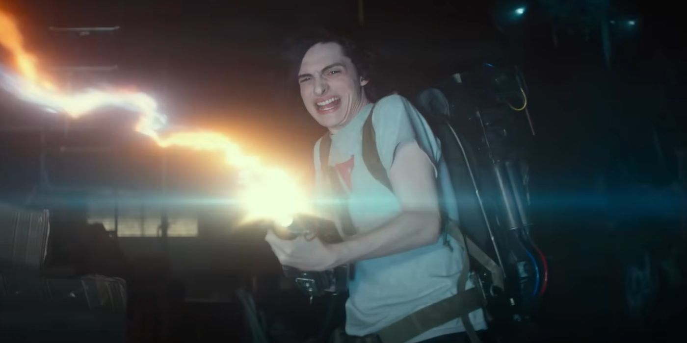 Finn Wolfhard as Trevor Spengler wielding his Neutrona Wand in Ghostbusters: Frozen Empire