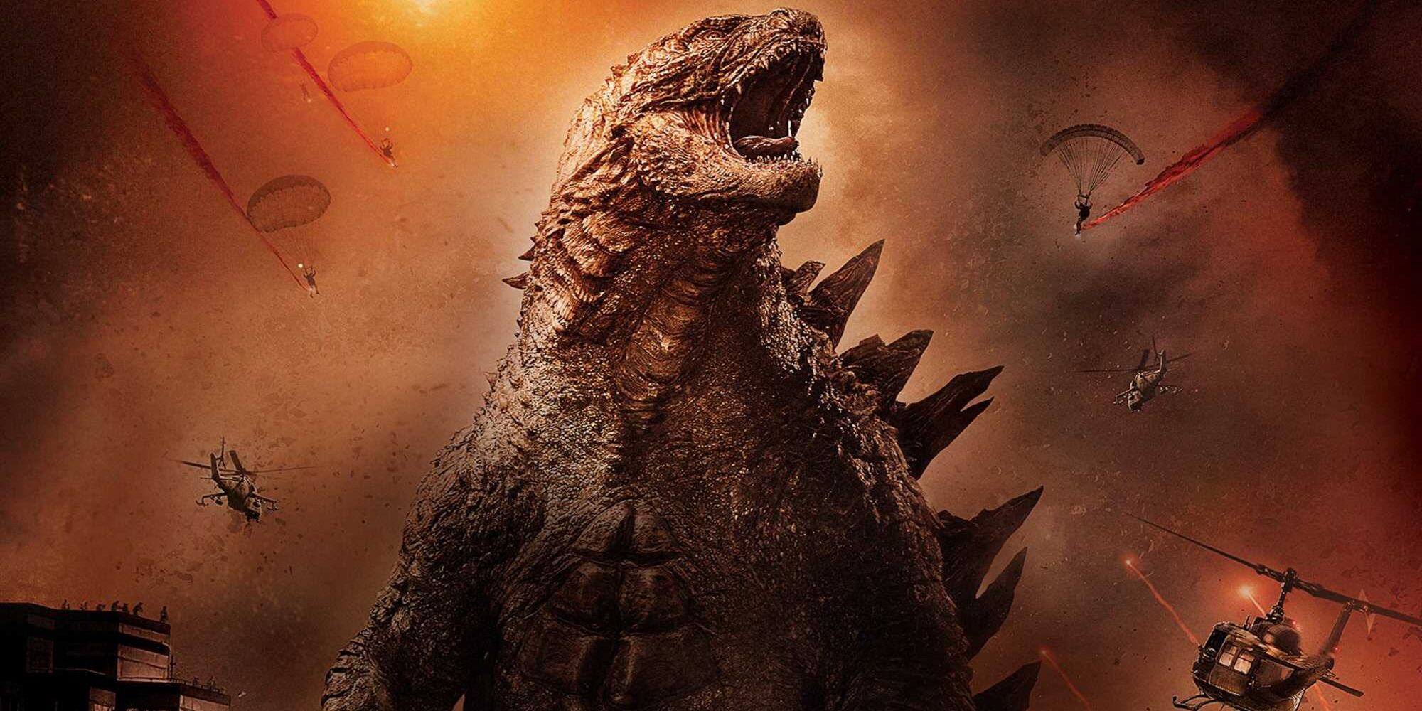 Godzilla wreaks havoc across a reddening sky in 2014's Godzilla.