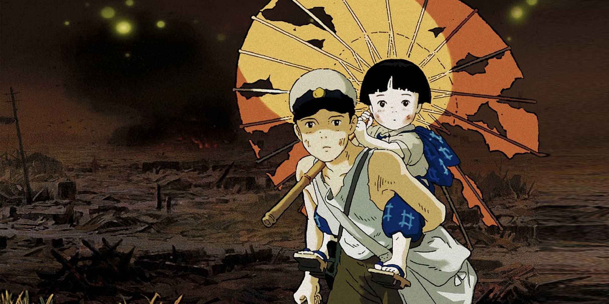 A young boy carrying his younger sister amid a battlefield in Grave of the Fireflies Poster