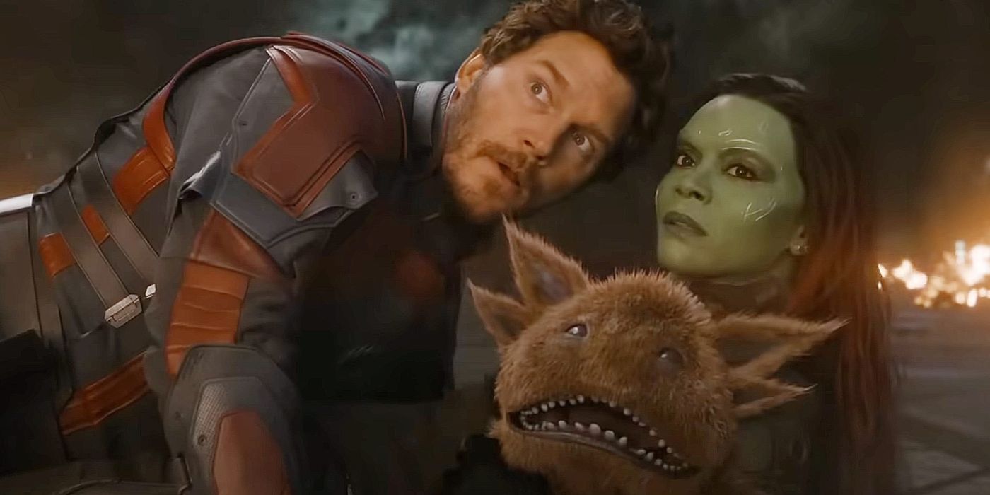 Peter Quill Gamora, and Blurp in Guardians of the Galaxy Vol. 3