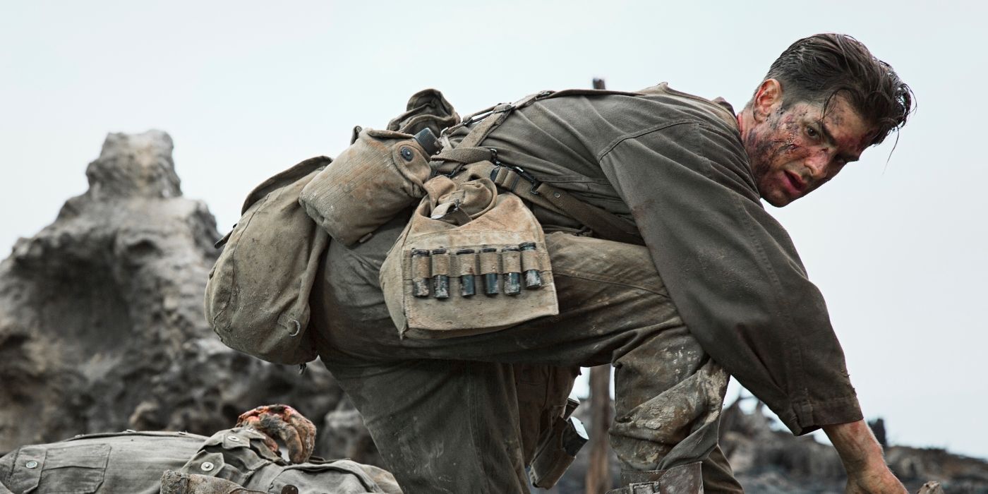 Andrew Garfield covered in blood in dirt in Hacksaw Ridge