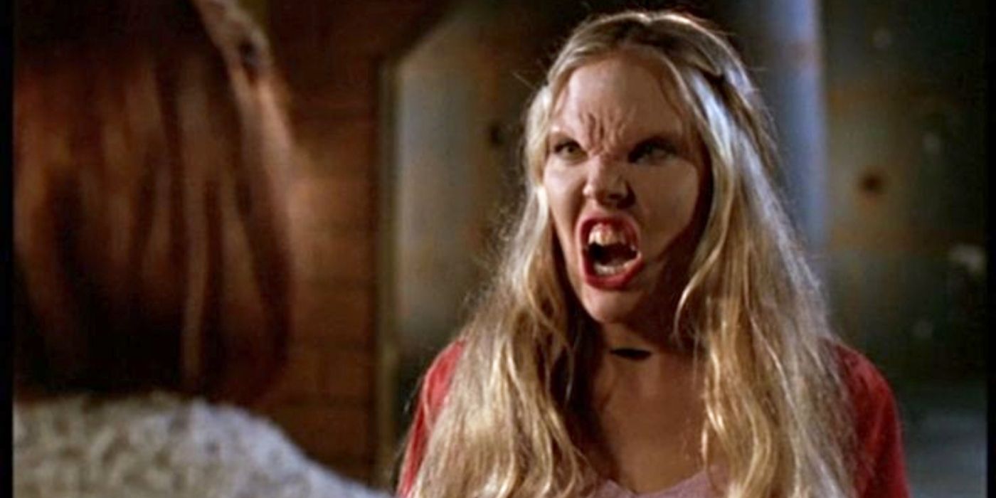 Mercedes McNab as Harmony in vampire form, snarling at someone in &lsquo;Buffy the Vampire Slayer&rsquo;.