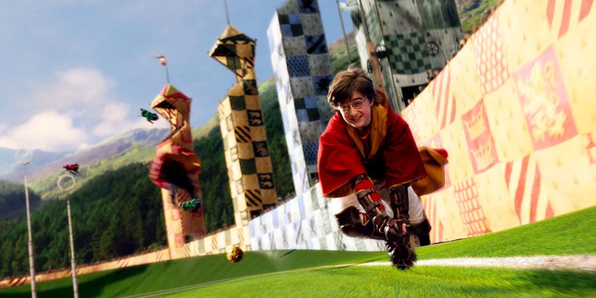 Daniel Radcliffe playing quidditch in Harry Potter and the Sorcerer's Stone