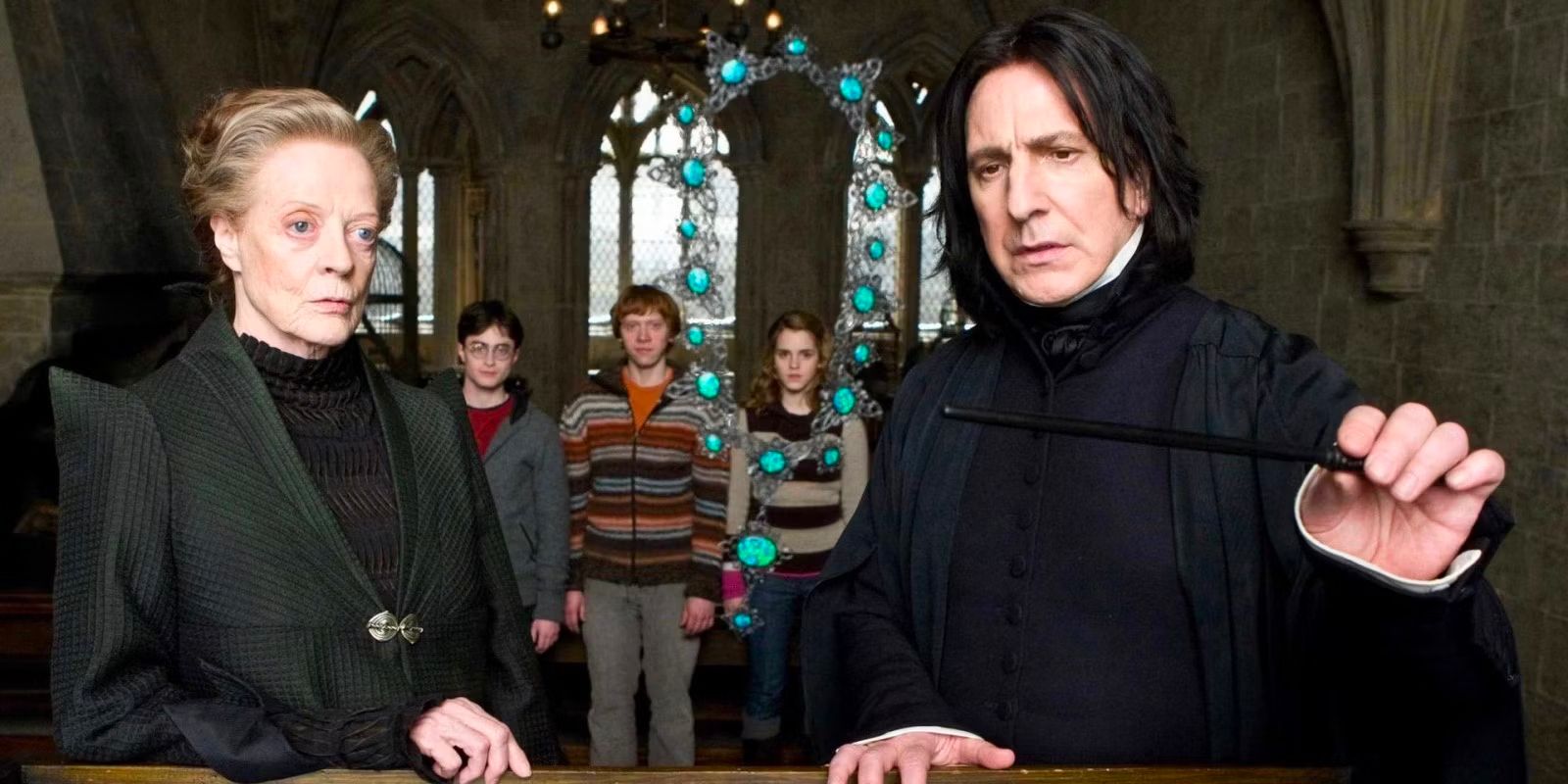 Professor McGonagall and Professor Snape inspect a cursed object before Harry, Ron, and Hermione