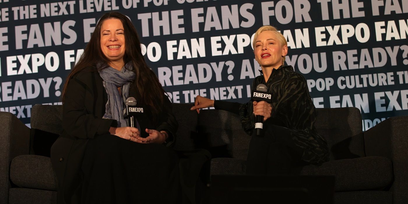 Holly Marie Combs and Rose McGowan speaking on a panel at the Fan Expo in San Francisco