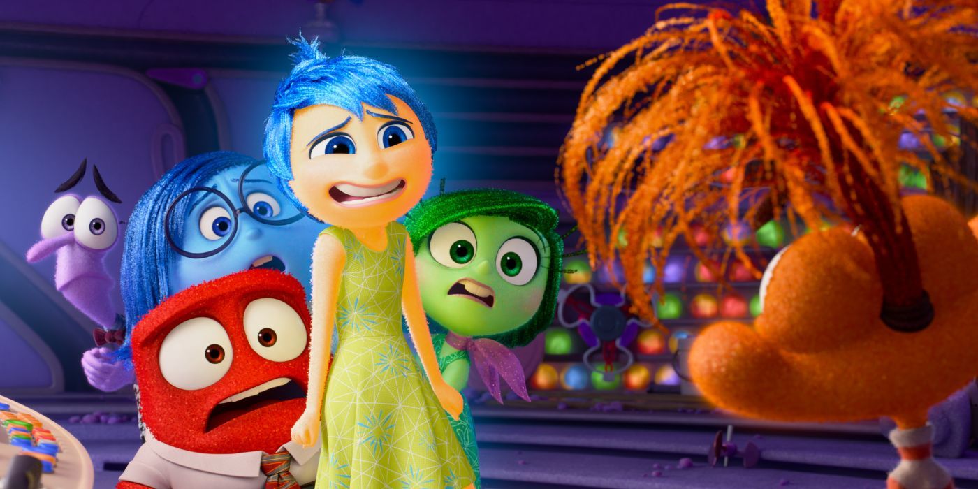 Joy (Amy Poehler), Anger (Lewis Black), Disgust (Liza Lapira), Sadness (Phyllis Smith), and Fear (Tony Hale) staring at Anxiety (Maya Hawke) in Inside Out 2