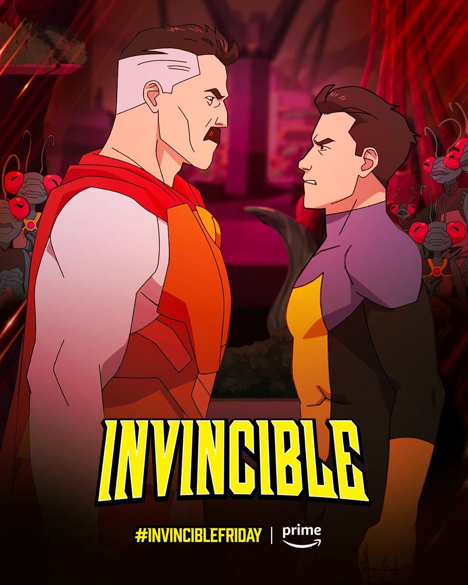 A poster for invincible season 2 bathed in tones of red featuring Omni Man facing his son Mark/Invincible, both are wearing superhero suits