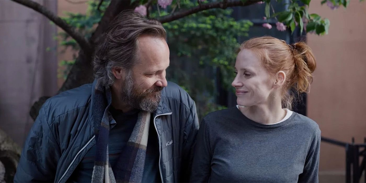 Jessica Chastain and Peter Saarsgard smiling at each other in Memory