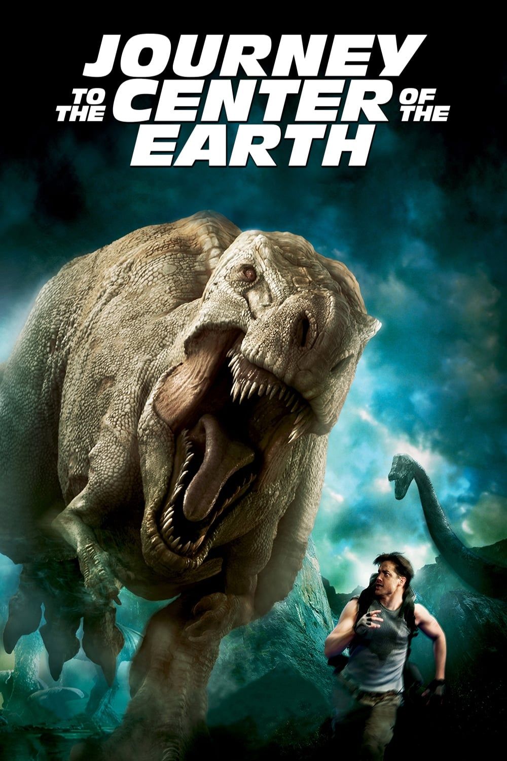 Brendan Fraser as Trev running from a dinosaur on the movie poster for Journey to the Center of the Earth (2008)