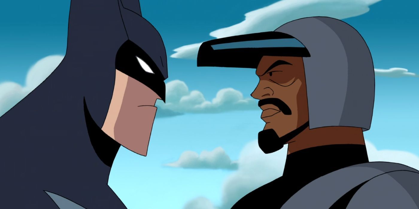 Justice Lord Batman talks to a soldier in Justice League Season 2, Episode 12,