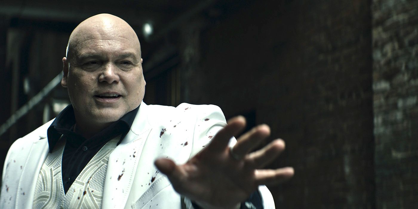 Vincent D'Onofrio as Kingpin in a white suit with his hand outstretched in the TV series 'Echo'