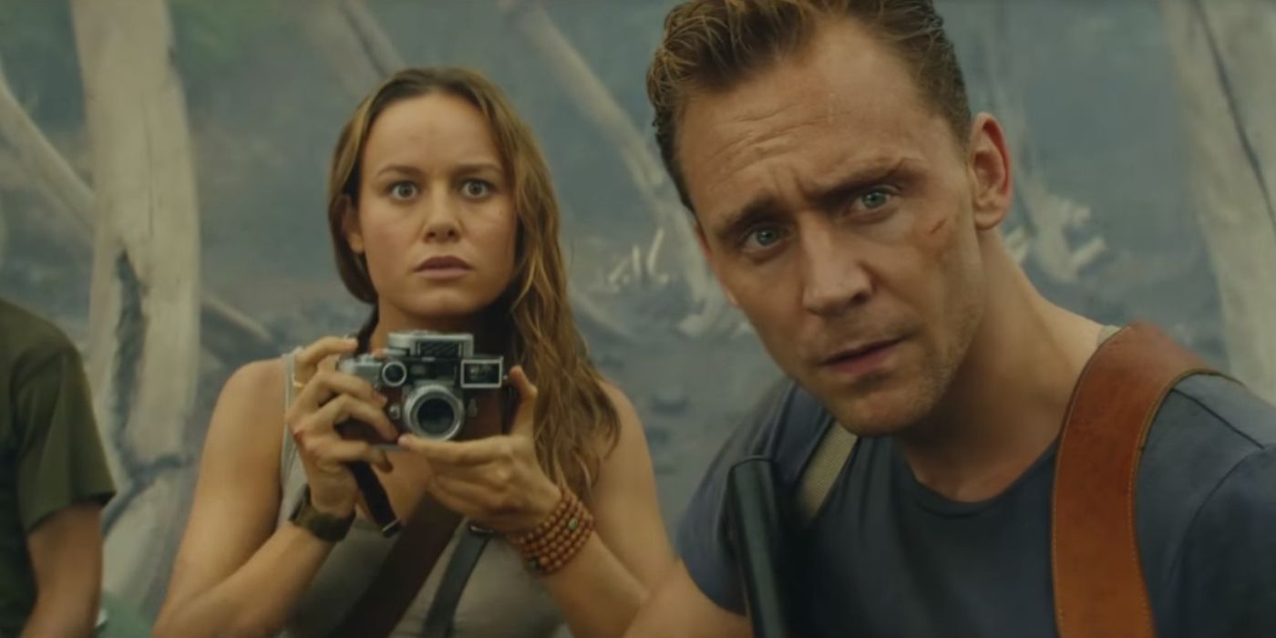 Tom Hiddleston and Brie Larson staring intensely ahead in Kong: Skull Island
