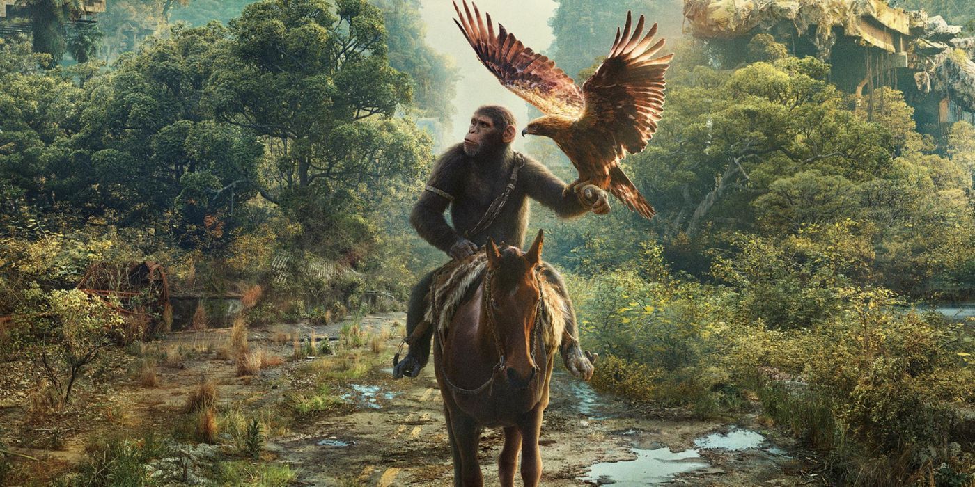 An ape riding on a horse on the poster for Kingdom of the Planet of the Apes