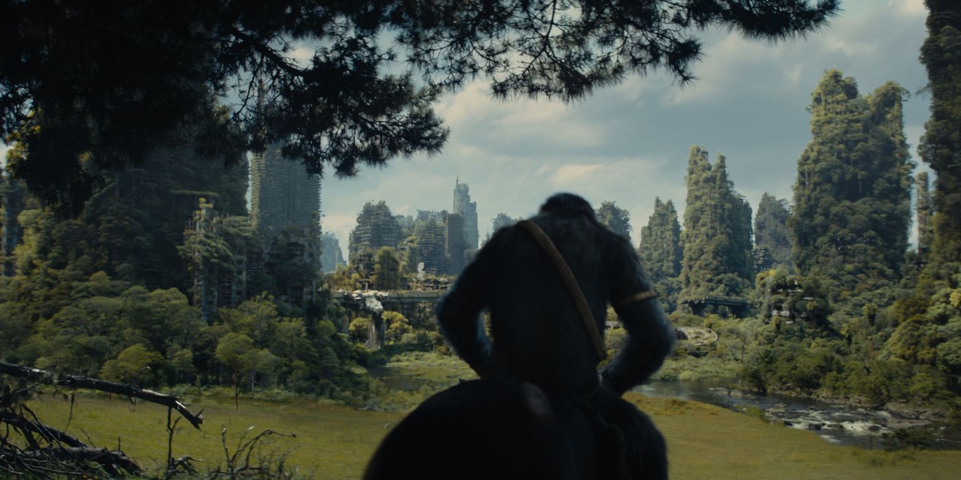 An ape overlooking a ruined city landscape in Kingdom of the Planet of the Apes