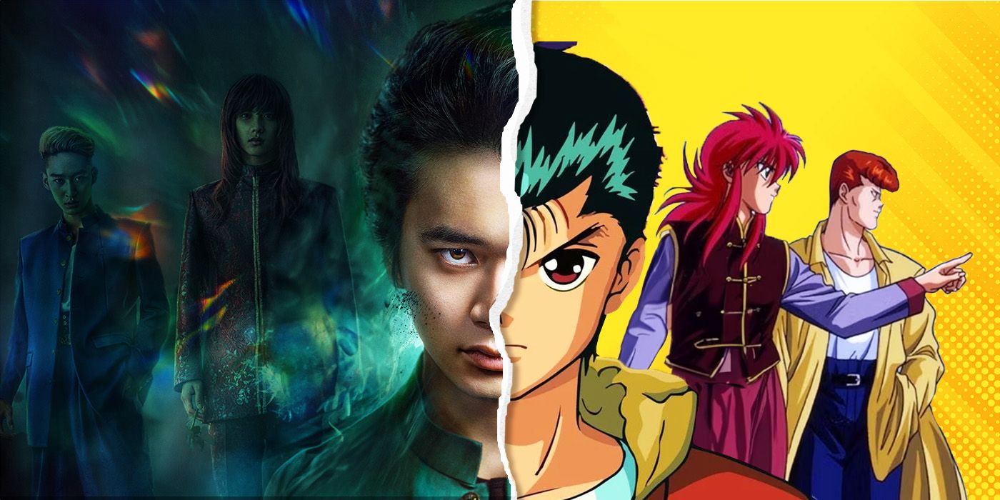 Promotional images for Yu Yu Hakusho's live action and anime versions split down the middle to create one image
