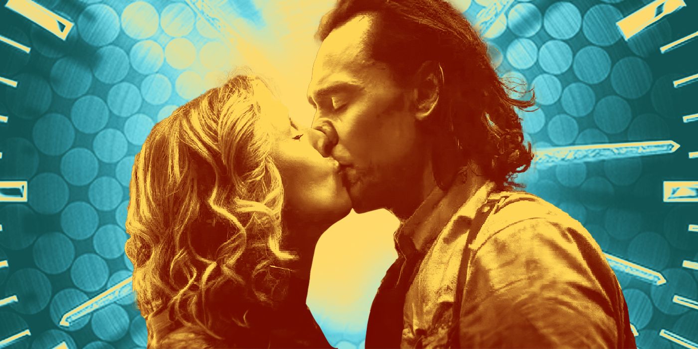 Loki played by Tom HIddleston and Sylvie played by Sophia Di Martino kissing