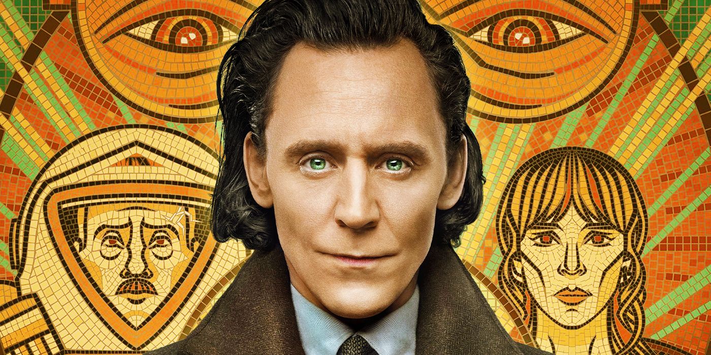 Tom Hiddleston in front of mosaic for Loki Season 2