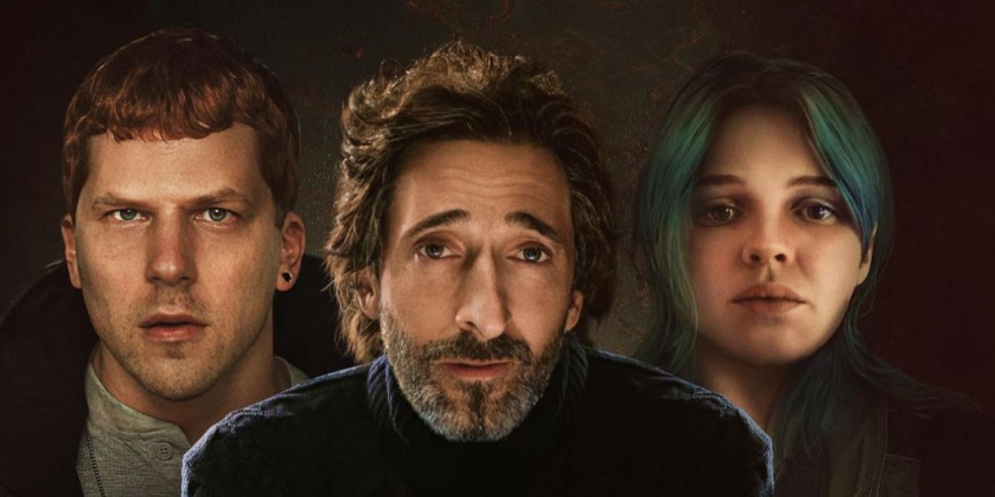 Jesse Eisenberg, Adrien Brody, and Odessa Young as Ralphie, Dan, and Sal on a poster for Manodrome