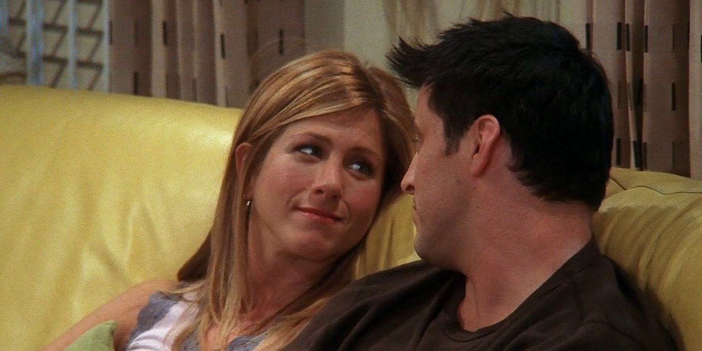 Rachel, played by Jennifer Aniston, and Joey, played by Matt LeBlanc, look at each other in Friends