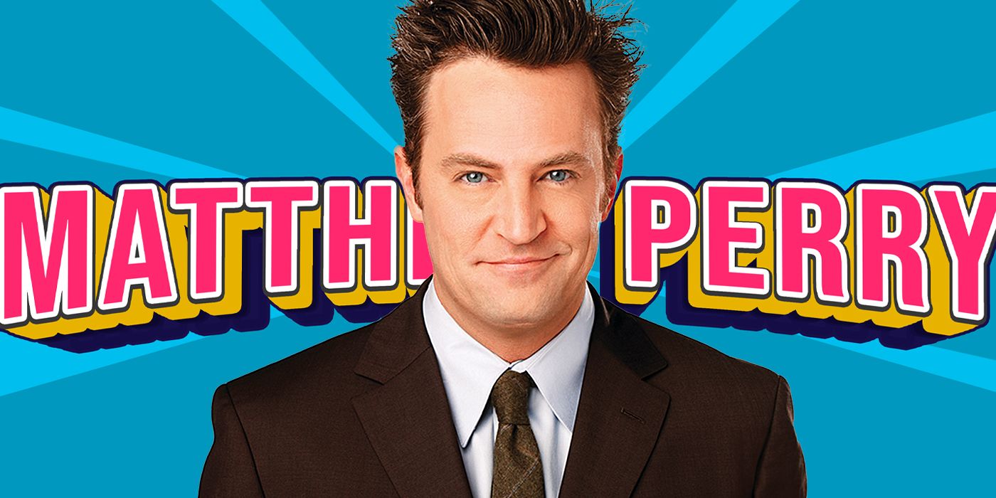 Blended image showing Matthew Perry with his name in large letters behind him.