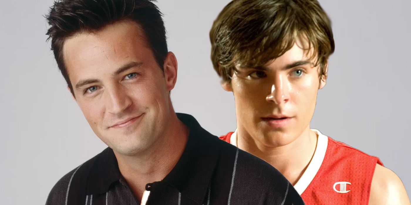 Matthew Perry from Friends over a white background with Zac Efron from High School Musical
