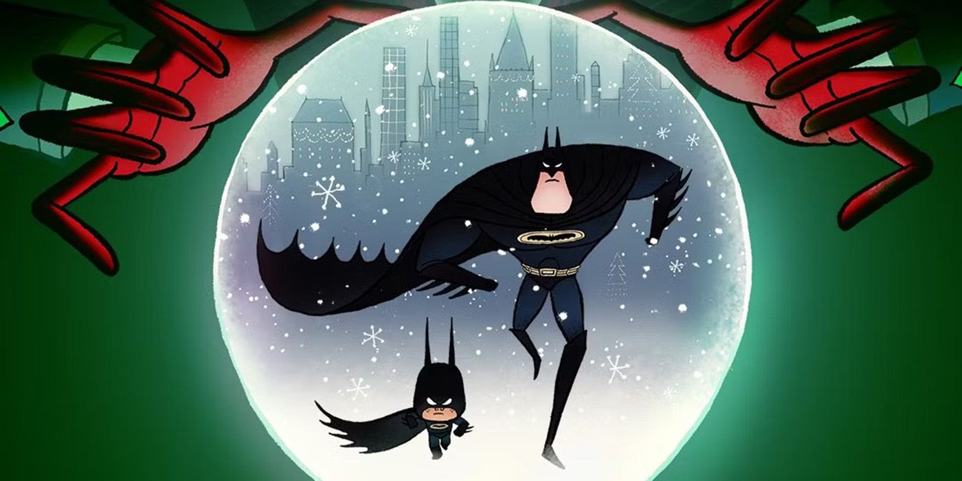 Batman and a tiny batman running in a snow globe with the joker's hands looming over them ominously