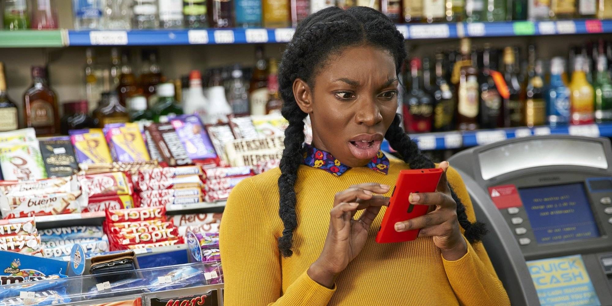 A shot of Michaela Coel looking shocked in Chewing Gum