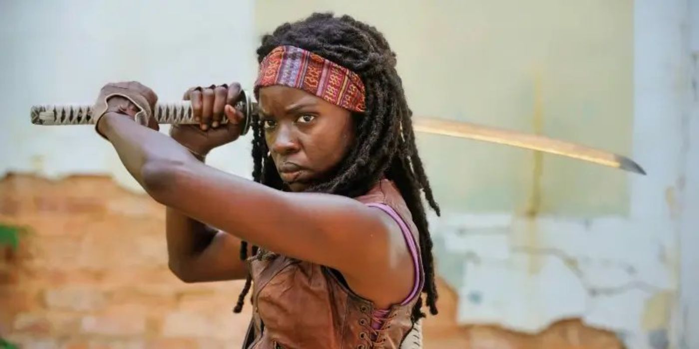 Danai Gurira as Michonne holding a katana on The Walking Dead