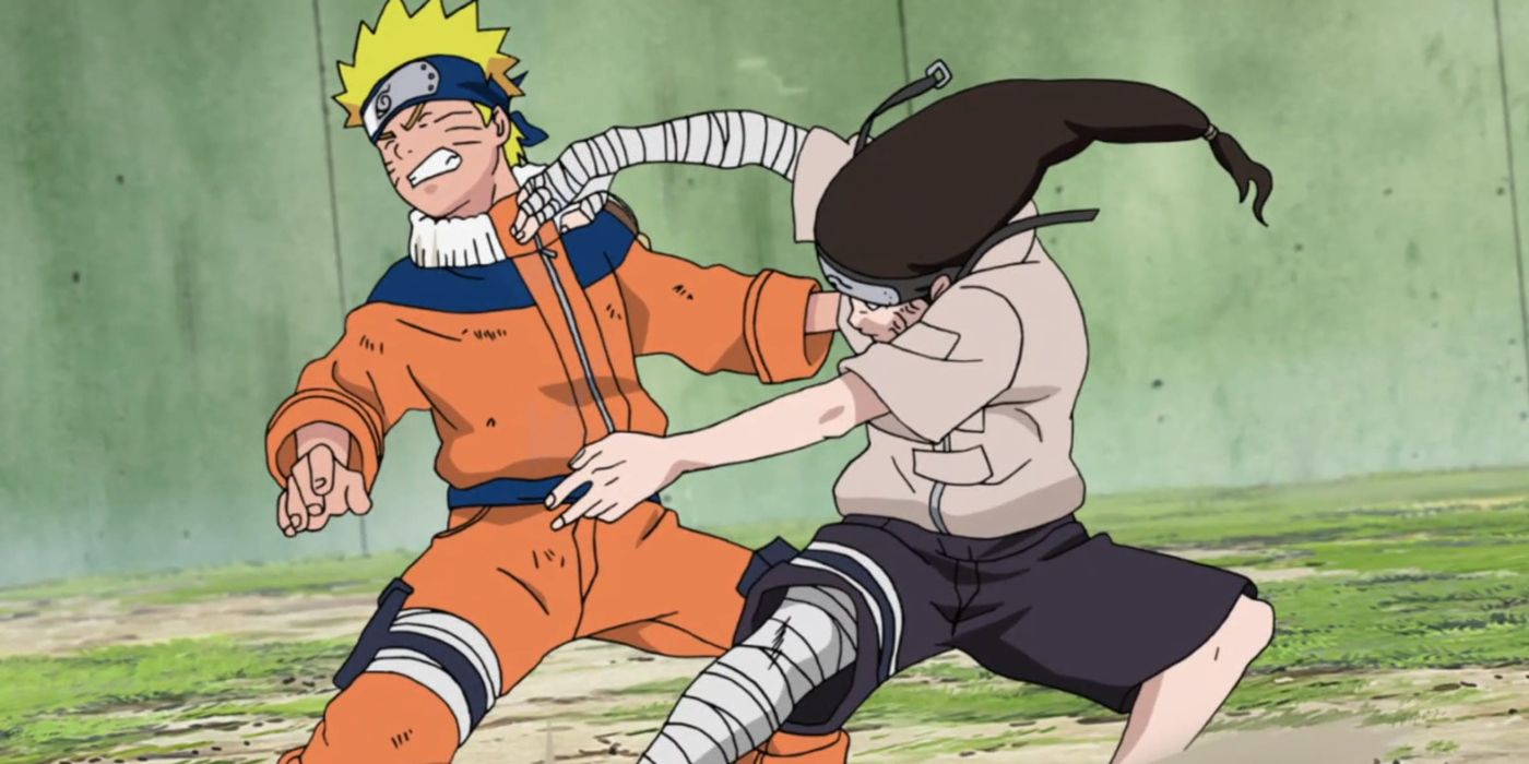 Naruto and Neji fight in the Chunin Exams in Naruto