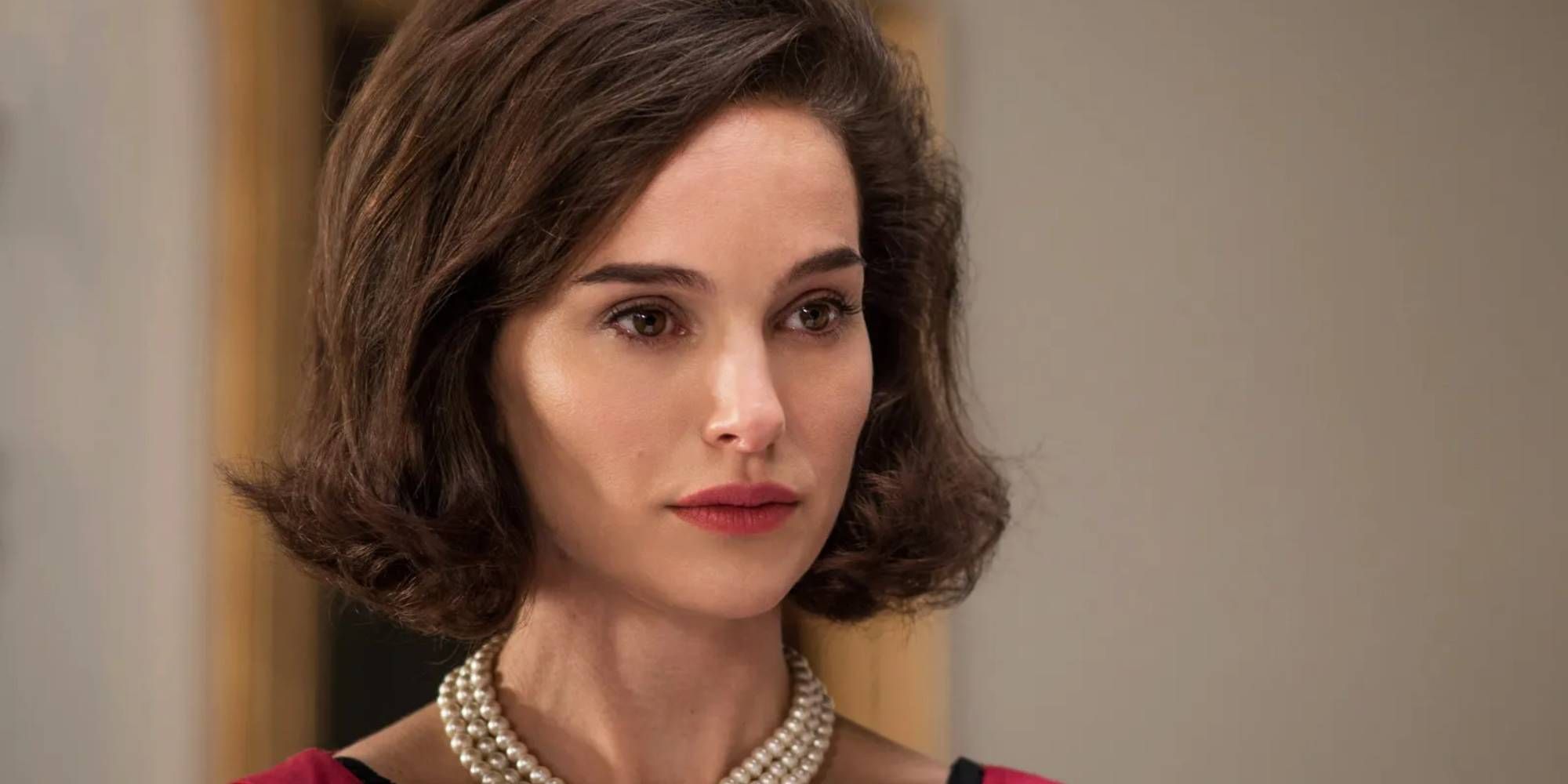 A close-up shot of Natalie Portman as Jacqueline Kennedy in Jackie.