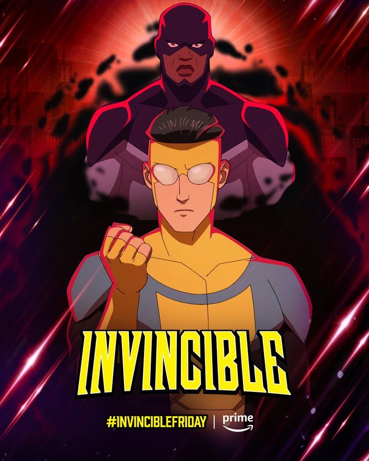 Mark, dublado por Steven Yeun, levanta o punho com o vilão atrás dele no novo pôster da 2ª temporada de 'Invincible'. 