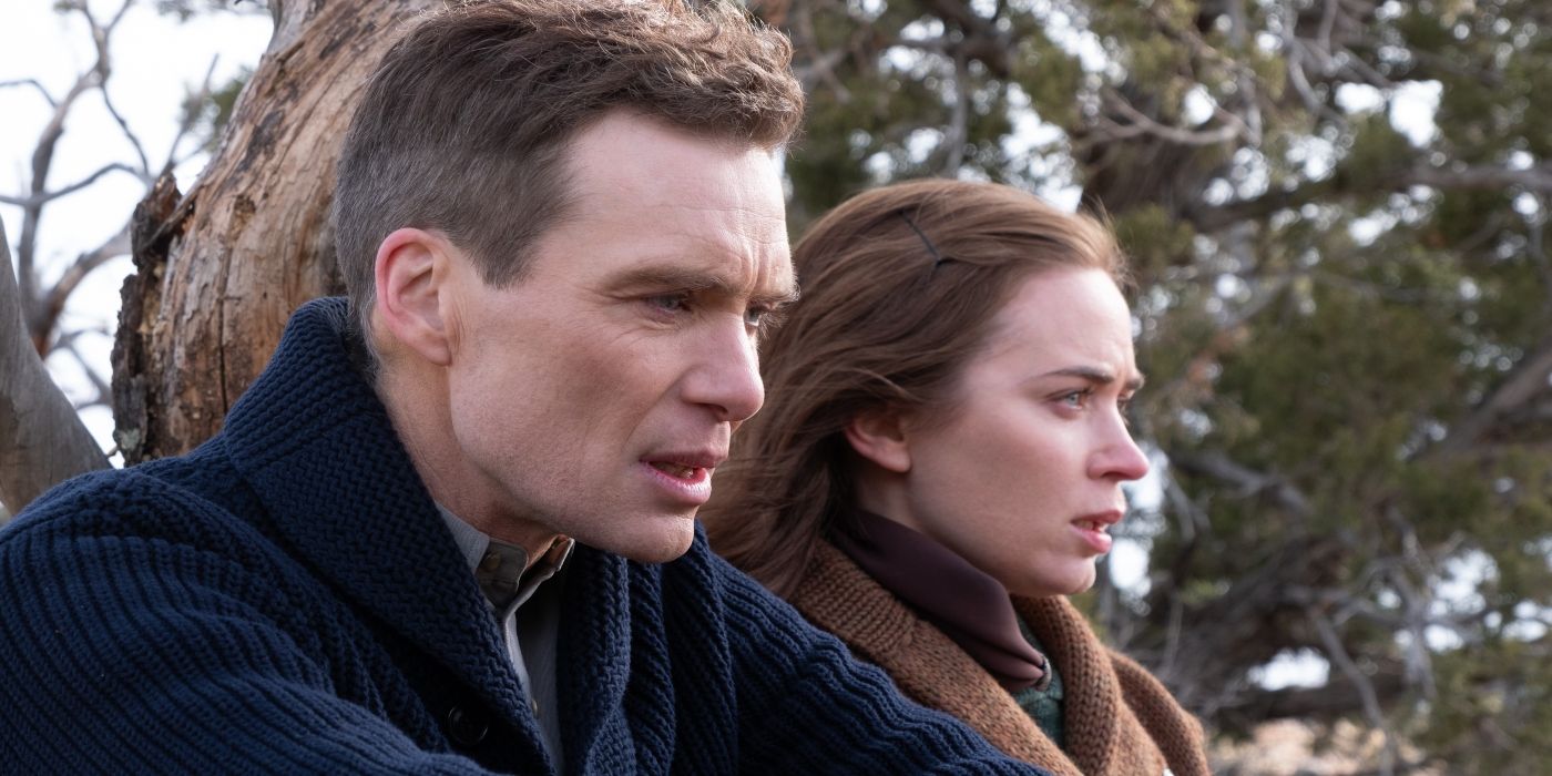 Cillian Murphy and Emily Blunt sitting outside in the cold in Oppenheimer 
