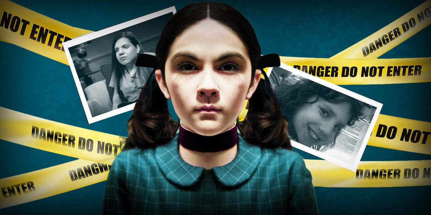 Isabella Furhman in Orphan over true crime images and caution tape in a custom image