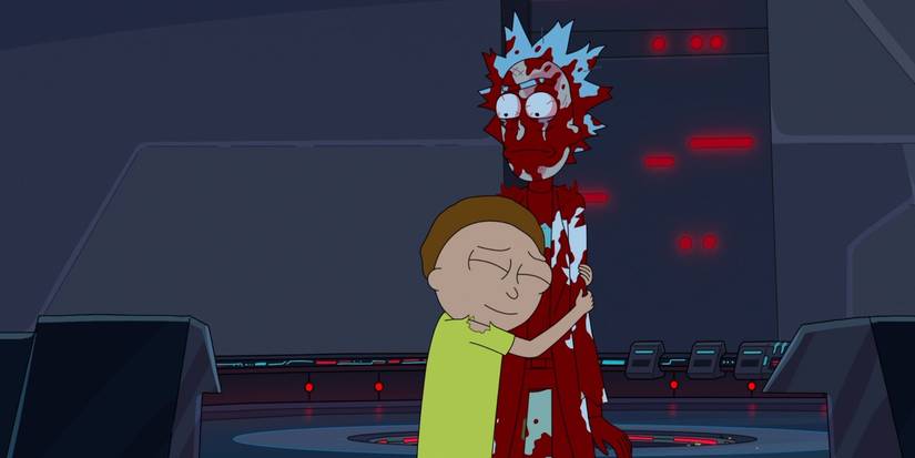 Morty hugging Rick, who is covered in blood in Rick and Morty