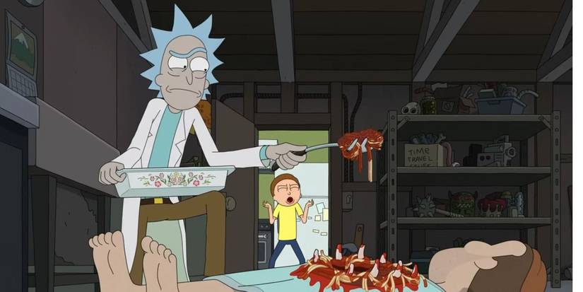 Rick is extracting spaghetti from a dead body in Rick and Morty.