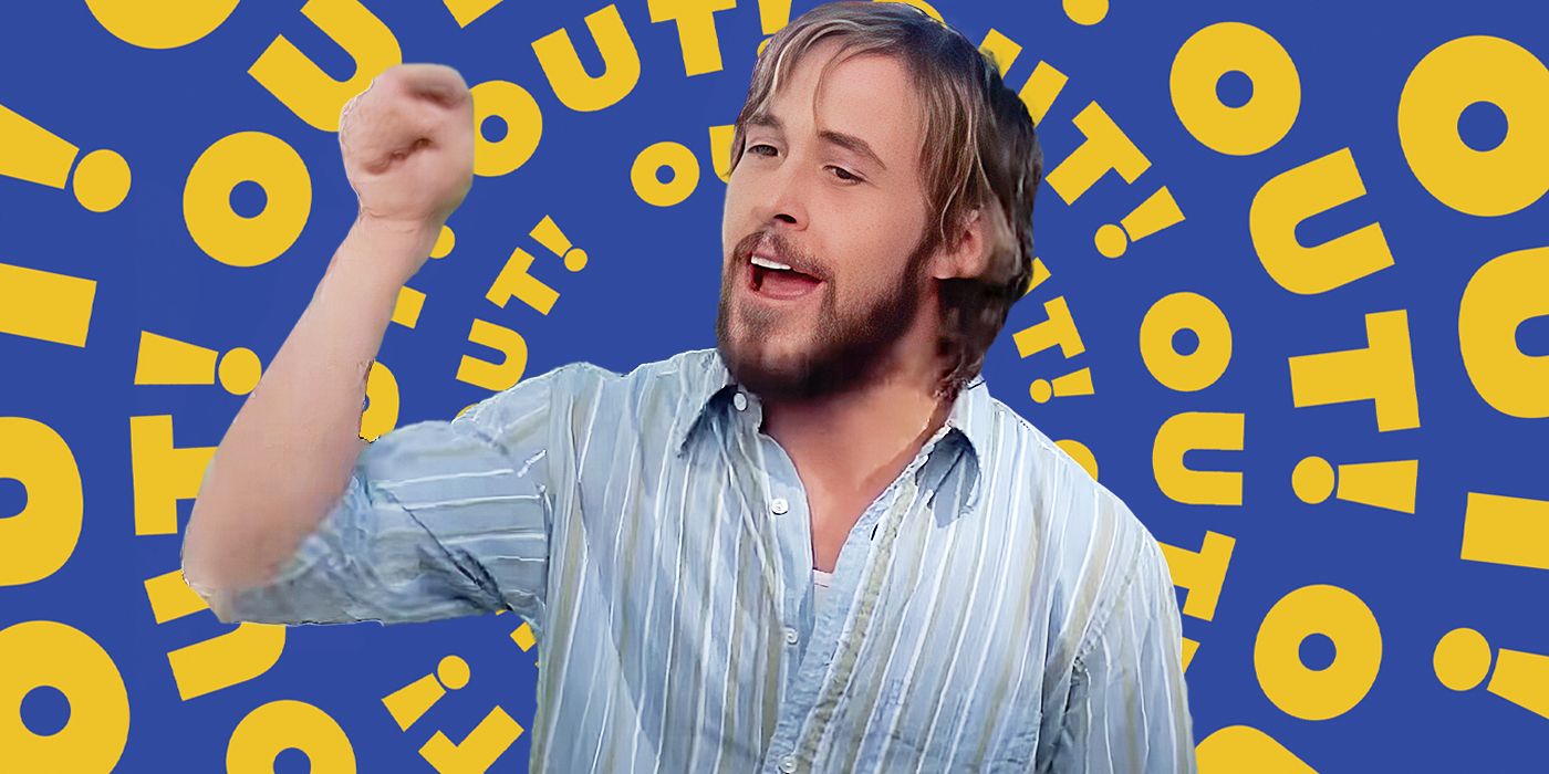 Ryan Gosling from The Notebook yelling and pointing with the word Out! behind him