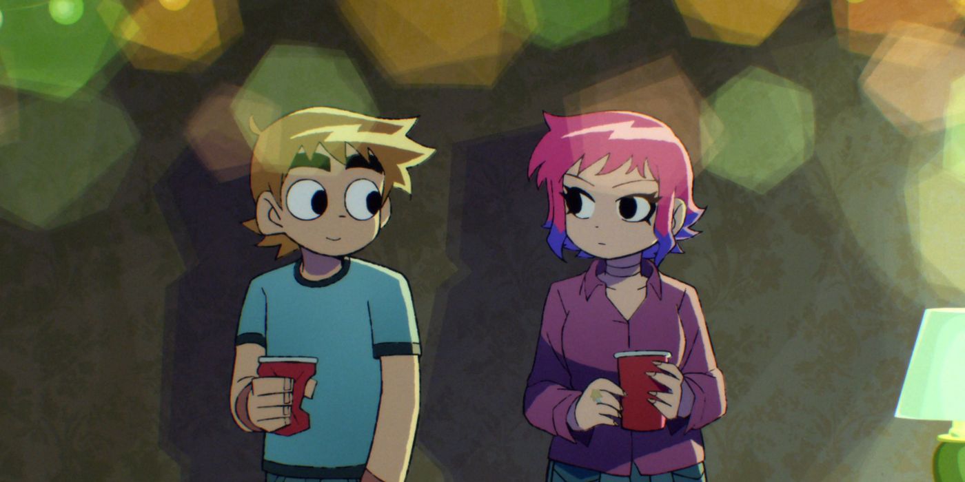 Scott Pilgrim and Ramona Flowers standing in front of a wall holding red cups in episode 1 of 'Scott Pilgrim Takes Off'
