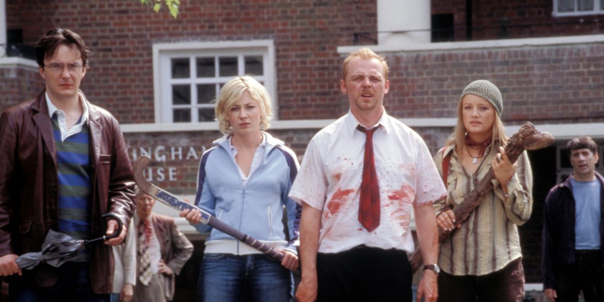 The protagonists preparing to fight zombies in Shaun of the Dead