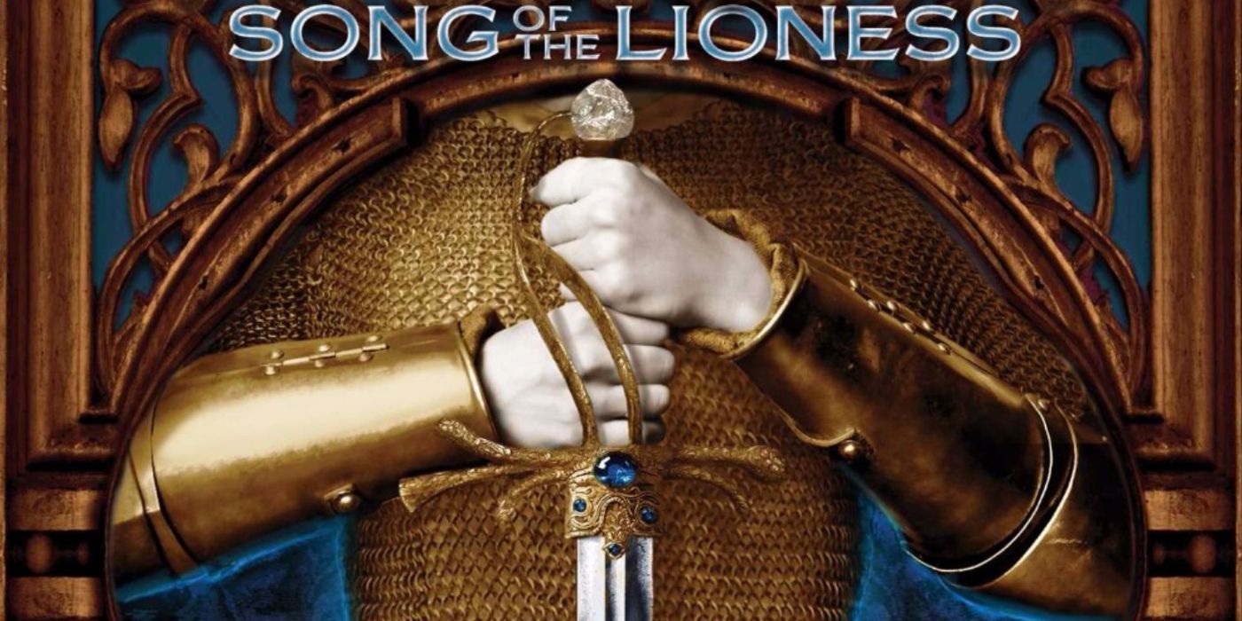 A close-up of a Song of the Lioness series book cover with two hands clasping over a sword