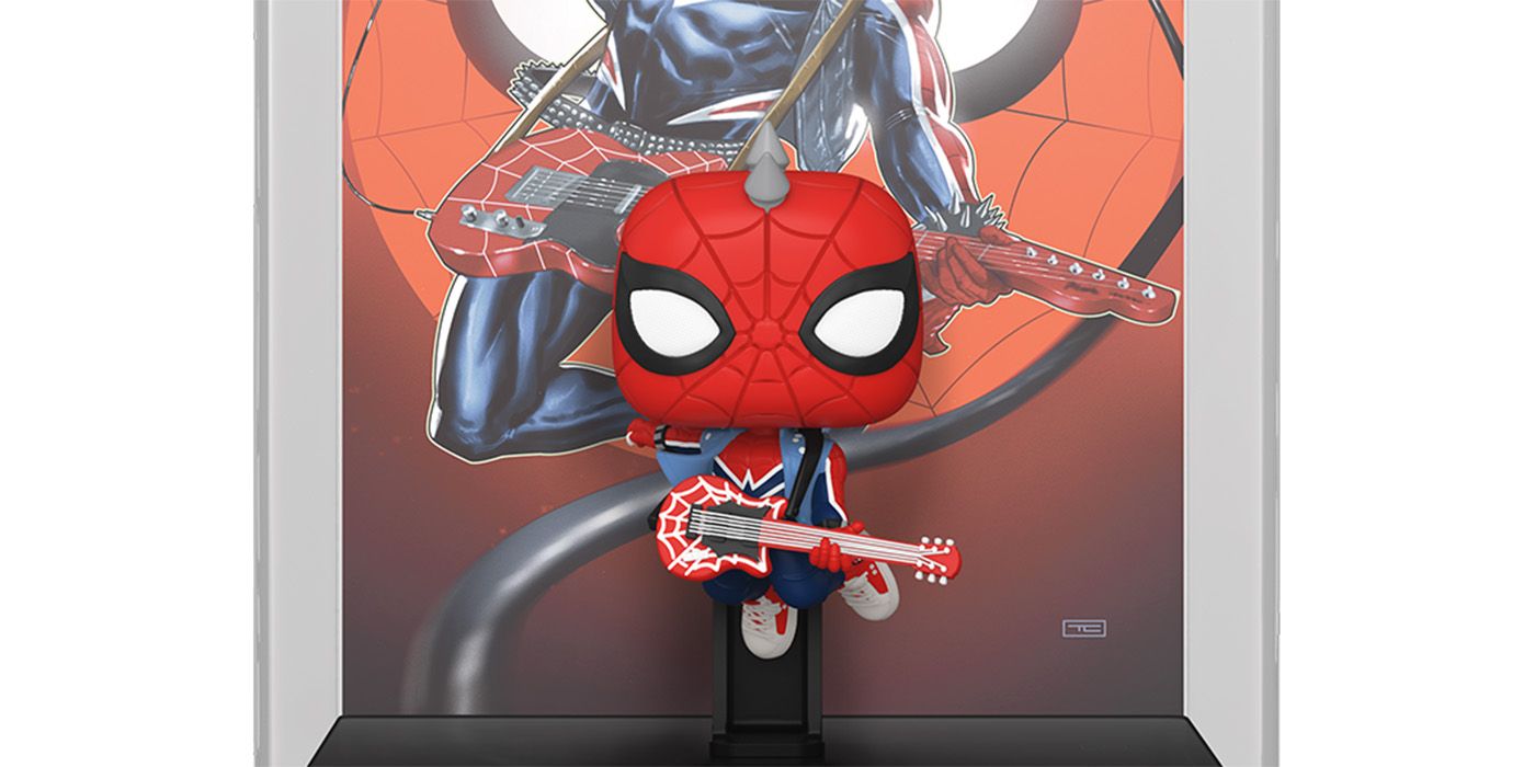A funko pop of spider punk from Spider-Man Across the Spiderverse jumping into the air playing guitar
