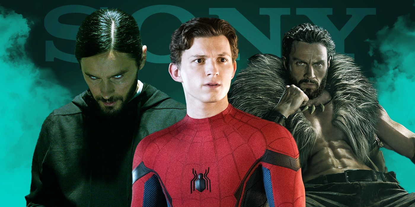 Tom Holland Spider-Man, Jared Leto Morbius, and Aaron Taylor-Johnson Kraven in front of a sony logo