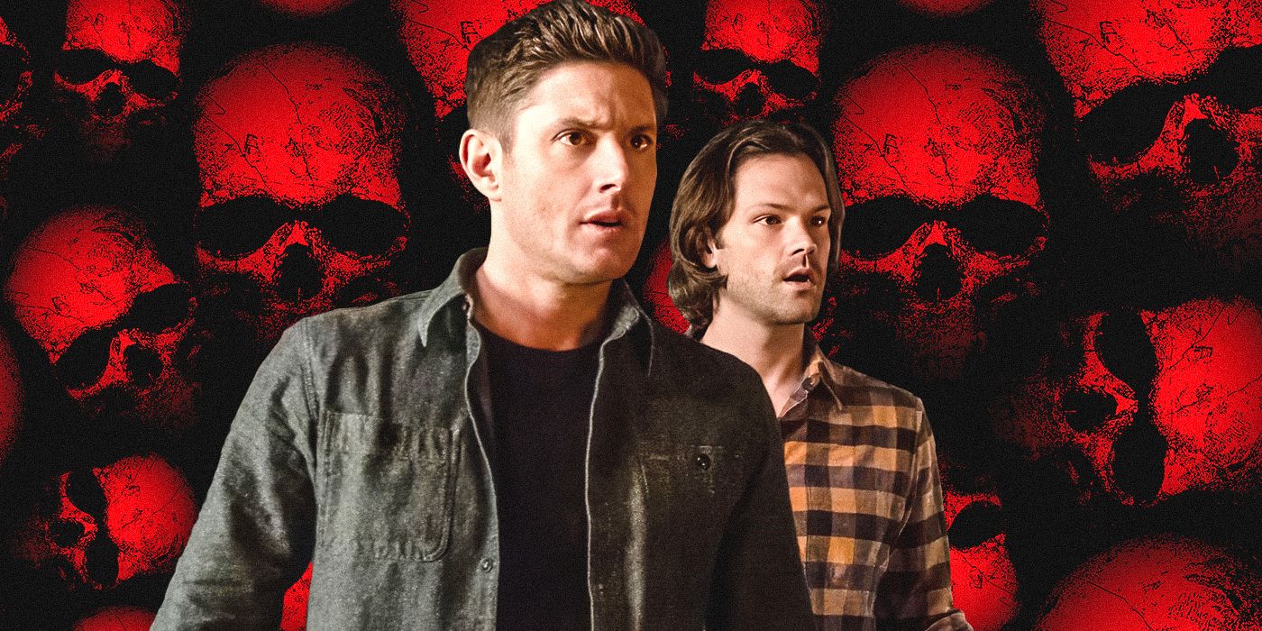 A custom image of Jensen Ackles and Jared Padalecki from Supernatural, set against a background of red skulls