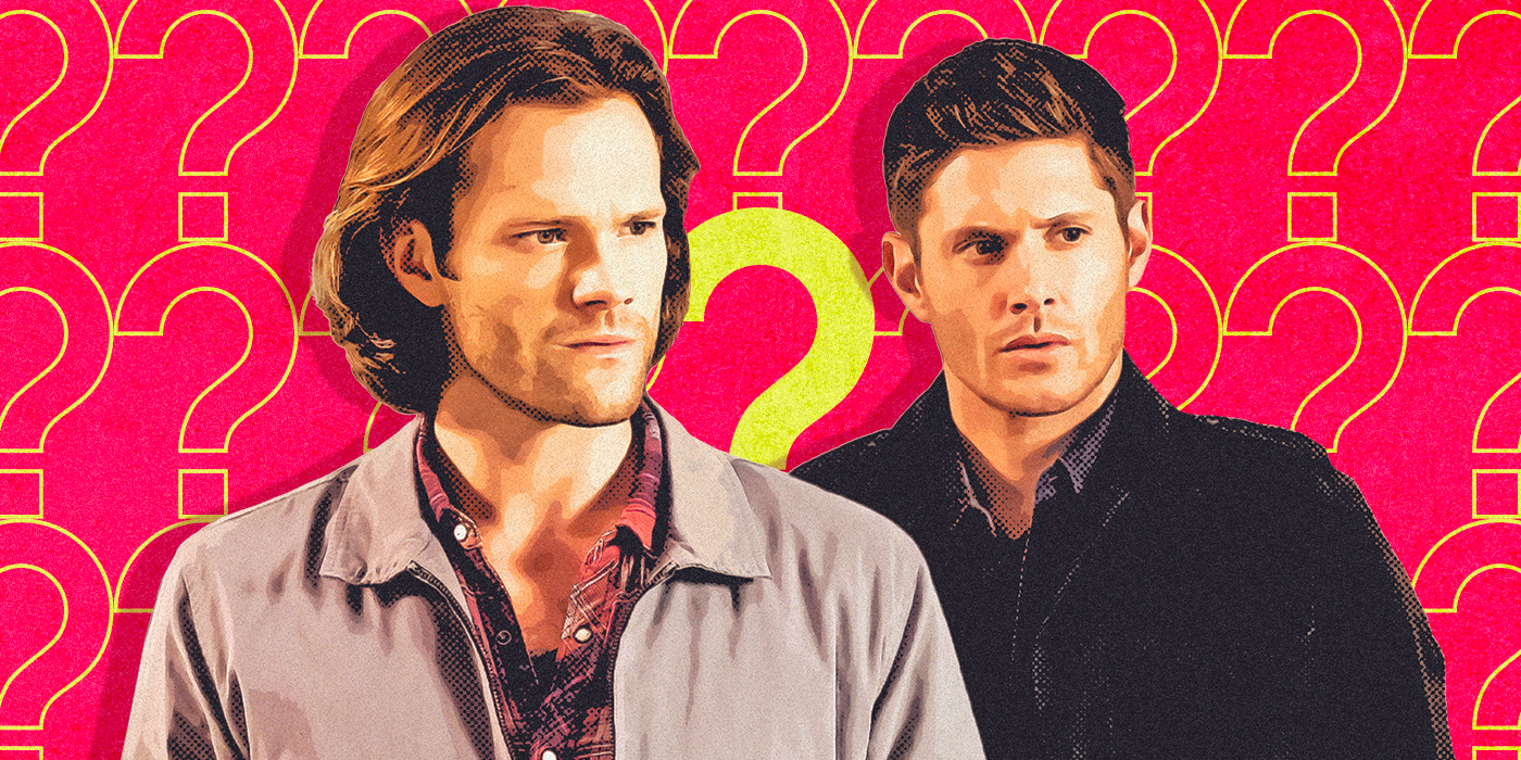 Actors Jared Padalecki and Jensen Ackles as Sam and Dean Winchester of Supernatural, surrounded by question marks