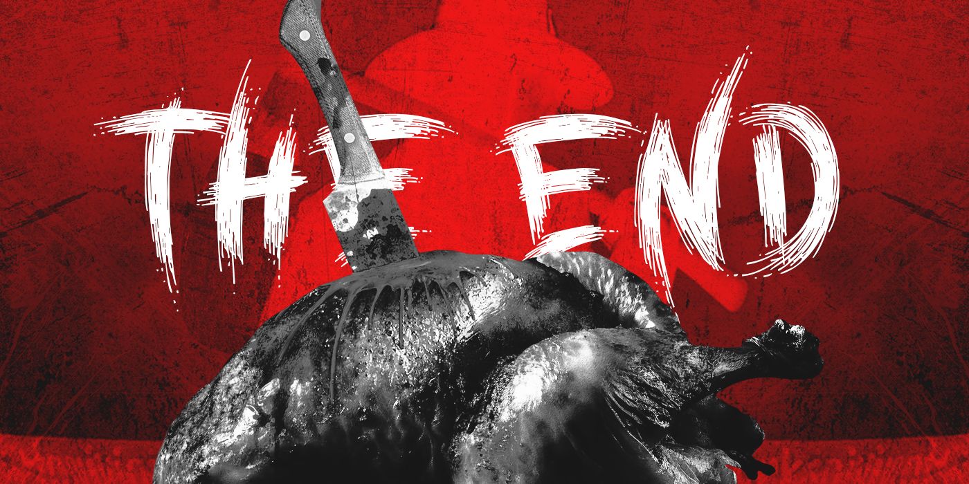 A custom image of a turkey with a knife stuck in it with a red background that says 'The End' in white scratchy letters