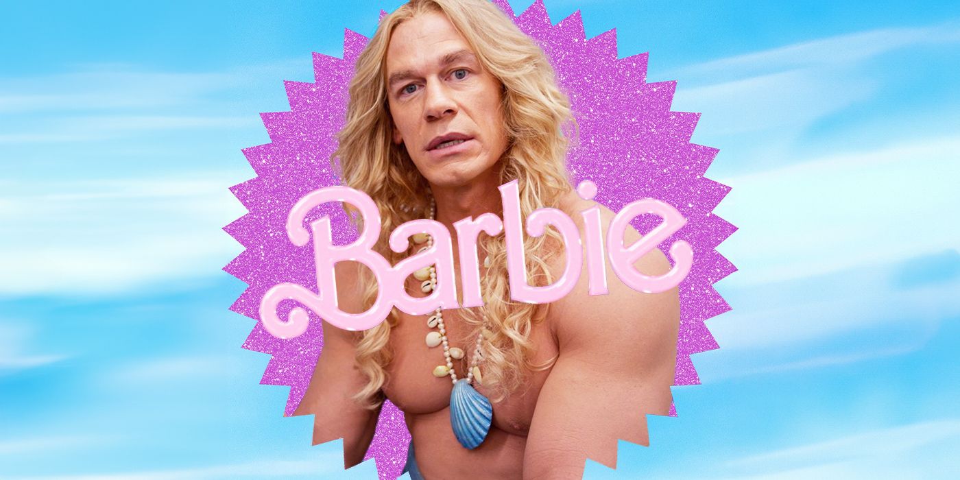 Blended image showing John Cena as Merman Ken with the Barbie logo on the front.